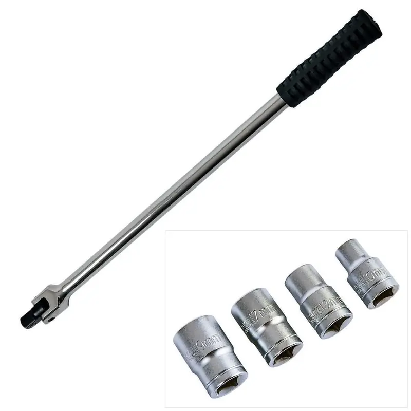 1/2" Square Drive 18" Flexible Knuckle Breaker Bar With 4-Piece Socket Set (10–19Mm) 1
