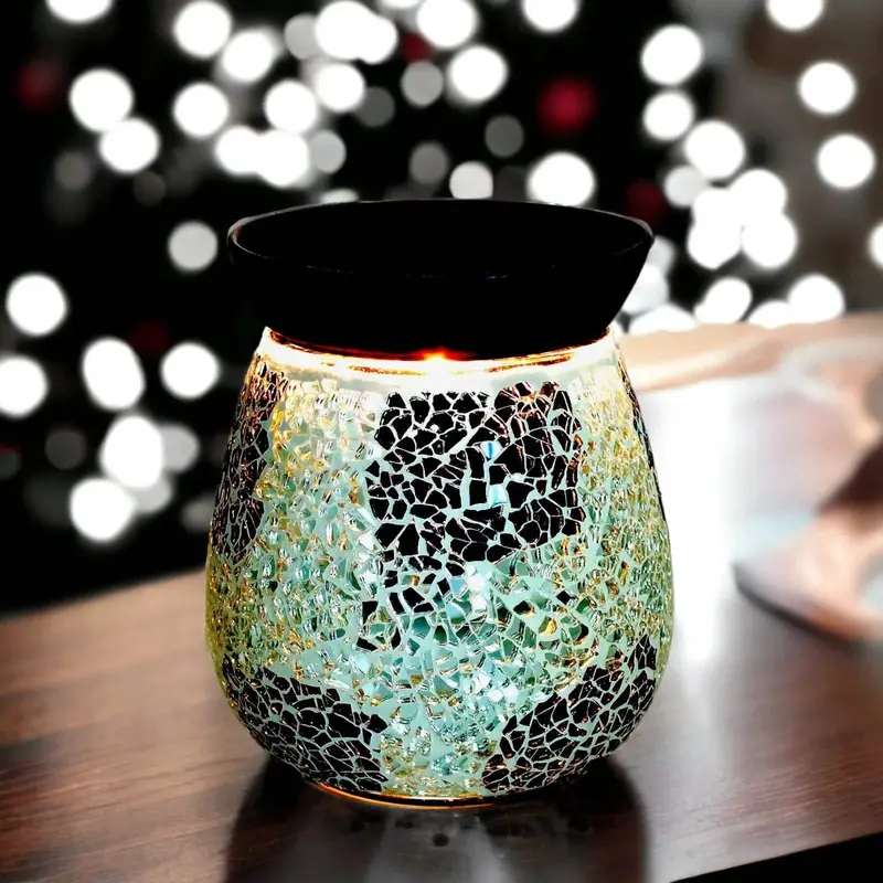 Black Mirror Mosaic Electric Wax Warmer Lamp – Silver-Toned Aroma Melter With Ambient Glow 1