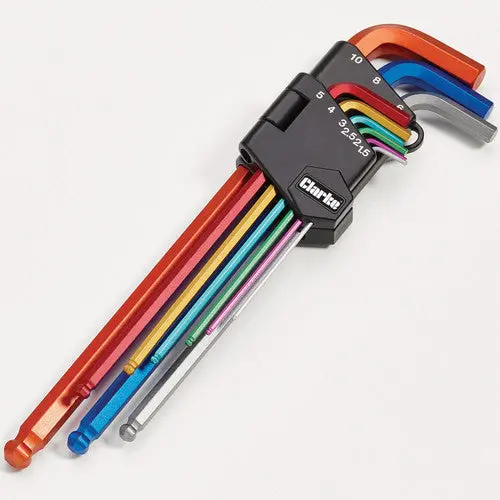 Clarke Pro344 9-Piece Color-Coded Extra-Long Ball-End Metric Hex Key Set 1