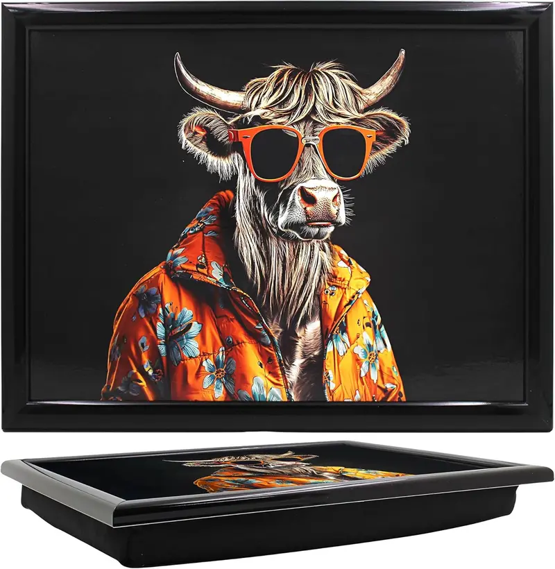 Highland Cow With Sunglasses Lap Tray — Fun Laptop Tray With Plush Beanbag Support 1