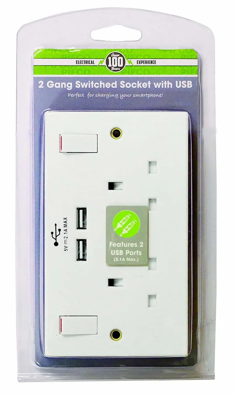 Pifco White Double Usb Socket – 2-Gang Switched Outlet With Charging Ports 1