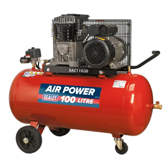 Sealey Sac1103B 100L Belt-Driven Air Compressor – 3 Hp, Cast Cylinder With Wheels 1