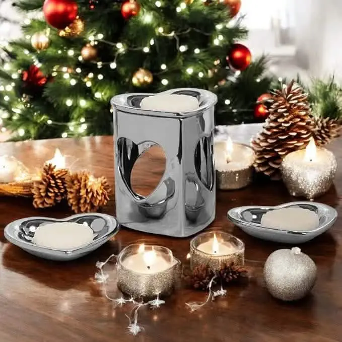 Silver-Chrome Ceramic Heart Wax Melt Warmer – 3-Dish Aroma Oil Burner With Soft Glow 1