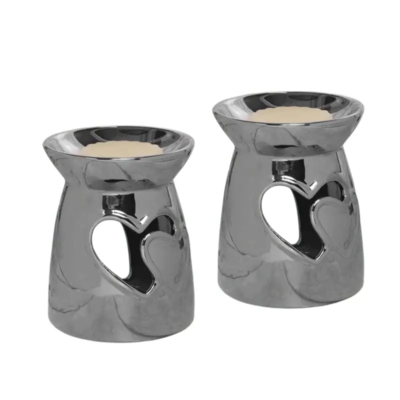 Silver Heart Ceramic Tea Light Warmer – 2-Piece Wax Melt & Oil Burner Set 1